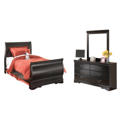 Huey Vineyard Twin Sleigh Bed with Mirroed Dresser and Nightstand