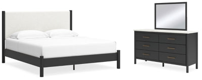 Cadmori King Upholstered Panel Bed, Dresser and Mirror