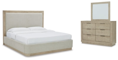 Hennington California King Upholstered Bed, Dresser and Mirror