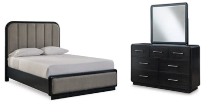 Rowanbeck Queen Upholstered Panel Bed, Dresser and Mirror