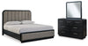 Rowanbeck California King Upholstered Panel Bed, Dresser and Mirror